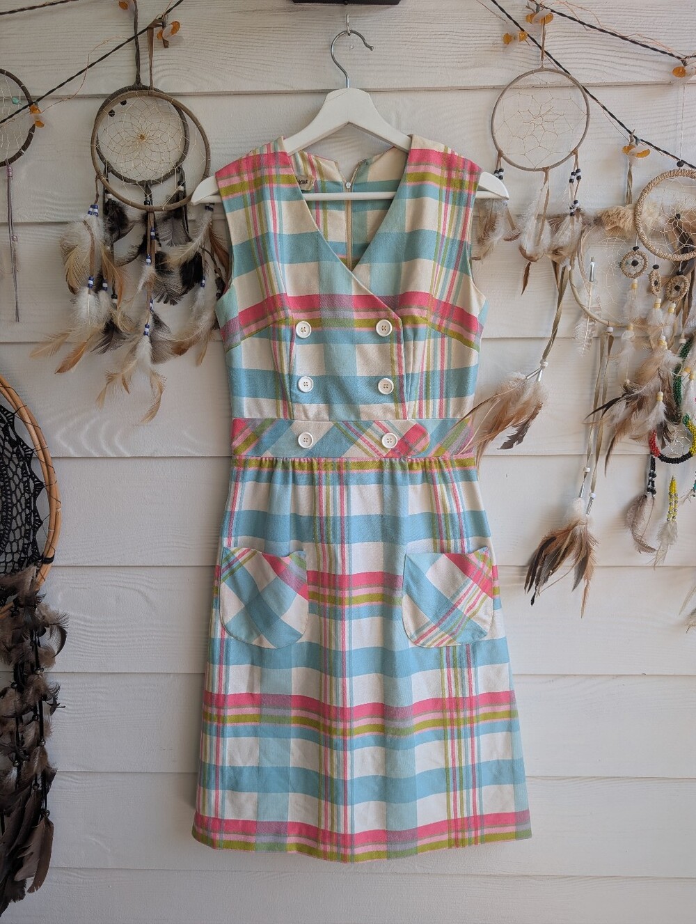 Vintage 1960s Neiman Marcus Plaid Shift  Button-Front Dress Cream, Blue & Pink